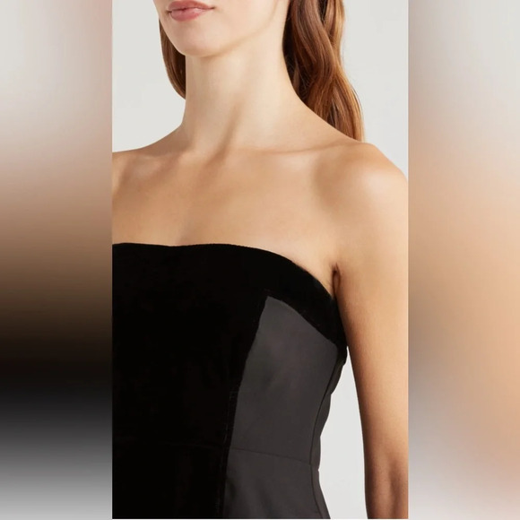 NWOT Du Paradis Geneva Mixed Media Strapless Midi Dress S Black Velvet Crepe - Picture 4 of 11